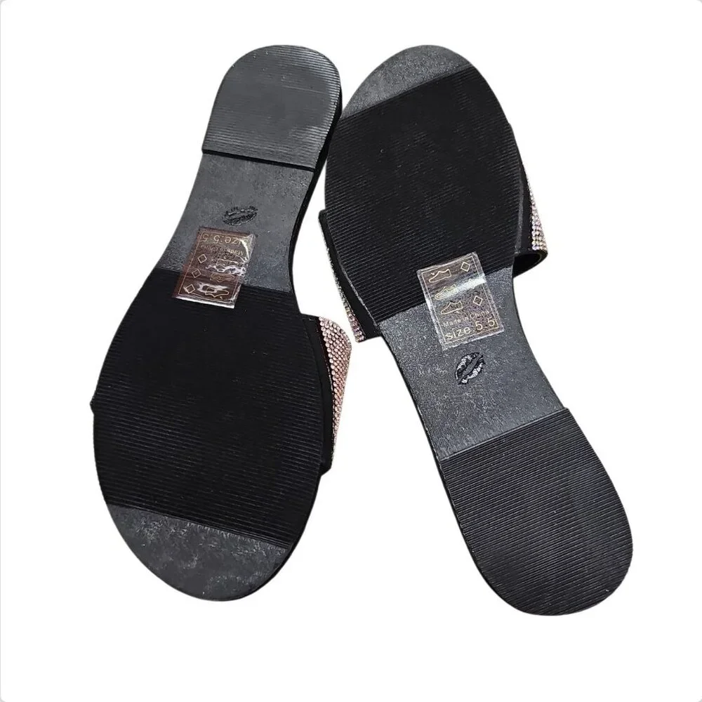 Rhinestone Embellished Slide Sandals Black Sole Multicolor Sparkle Band